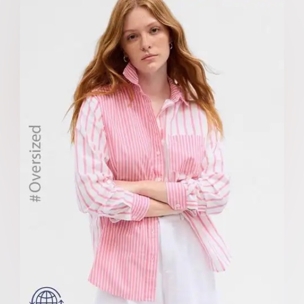 Gap Pink and White Striped Oversized Shirt - Large